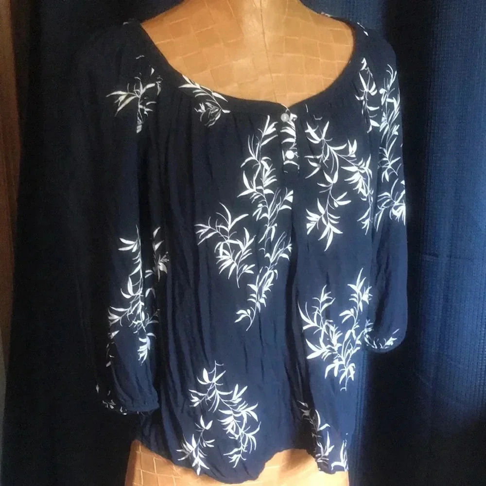 Women’s Leaf‎ Printed Blouse Petite Medium Navy White